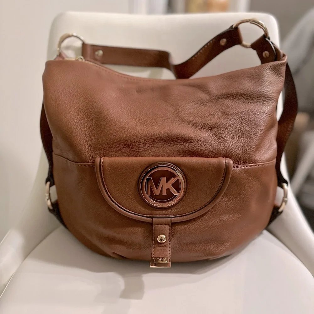 Michael Kors Brown Pebbled Leather Fulton Hobo Bag with Logo Flap Front Pocket